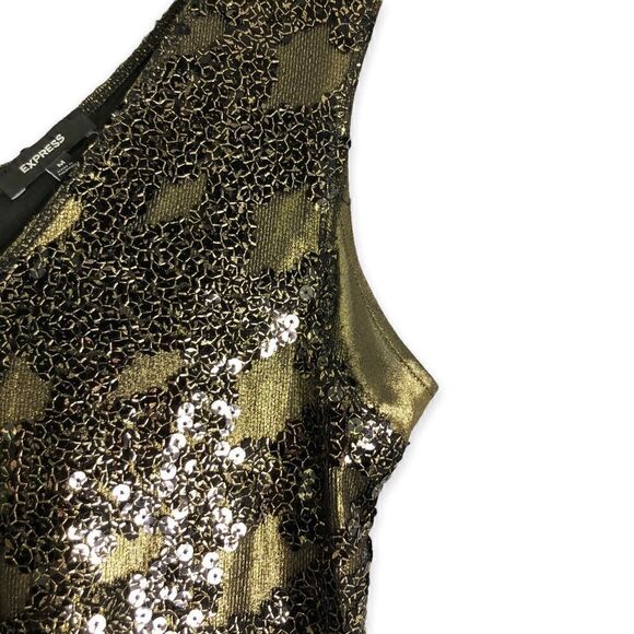 Express Fully Sequined Mini Dress Black and Gold V Neck - Picture 3 of 8